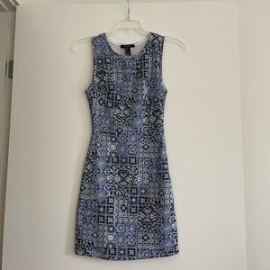 Blue White Tile Print Sleeveless Fitted Mini Dress